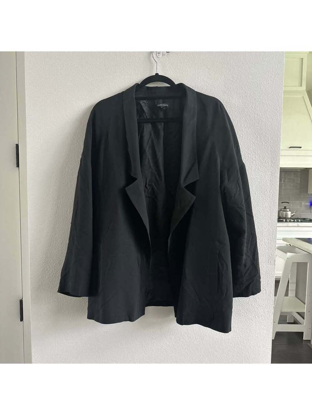 Eileen Fisher Solid Black Jacket Blazer Free Face Open 100% Silk Large